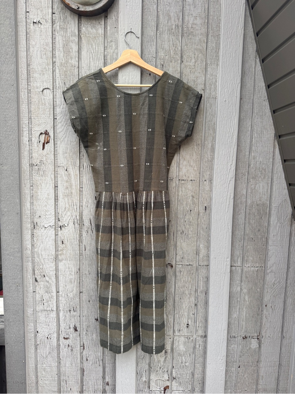 Plaid Olive Cap-Sleeve Midi Dress with Subtle Metallic Thread